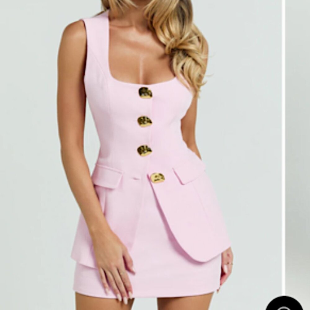 Pink Tailored Scoop Neck Vest Top and A Line Mini Skirt Set